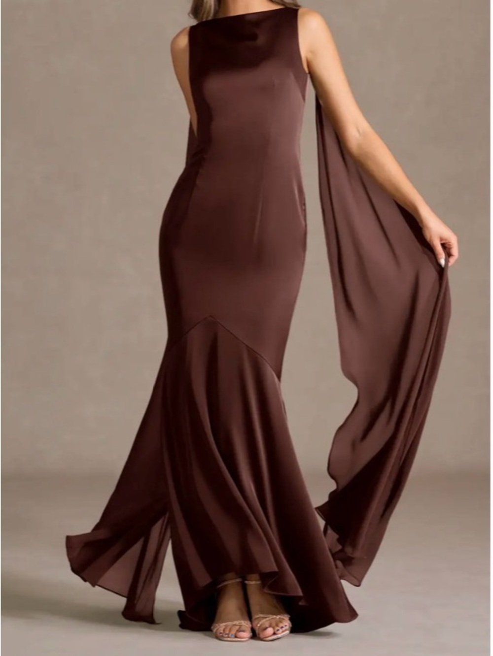 Azazie Wynne Mocha Coco Sleeveless Maxi Gown with Draped Cape